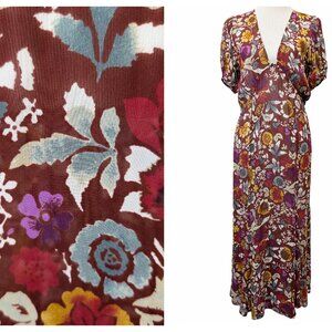 Anthropologie Womens Size M Brown Floral Semi Sheer Deep V-Neckline Midi Dress